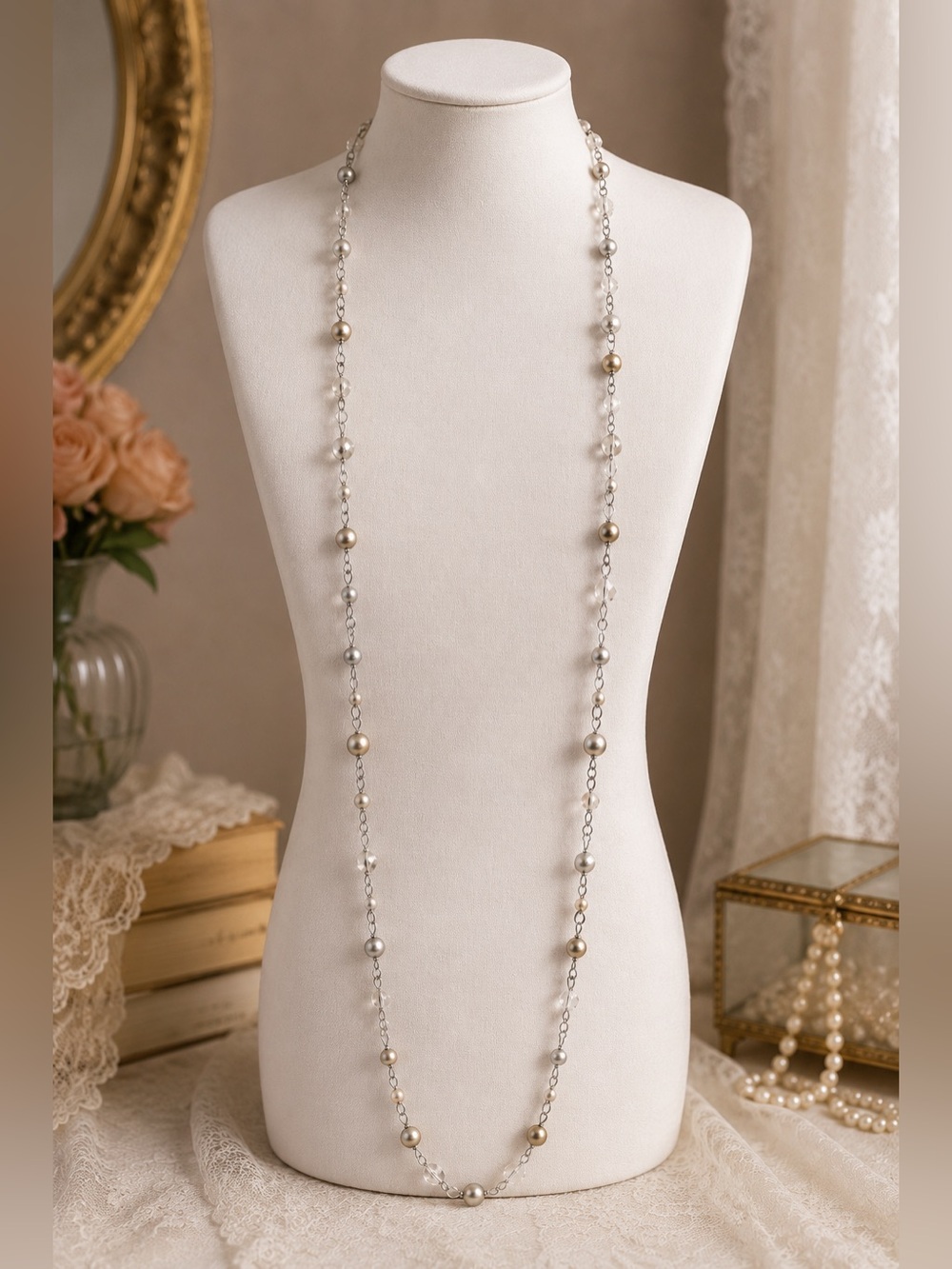 Lia Sophia Silver Tone Beaded Necklace | Pearls & Crystals